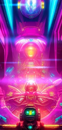 Are you an avid sci-fi fan in search of a unique phone live wallpaper? Look no further than this poster inspired by retrofuturism and the works of Beeple! You'll find an intricately detailed spaceship interior showcased beneath a glowing pink face, all cast in trippy, vibrant colors