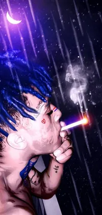 This phone live wallpaper boasts striking digital art featuring a man with blue hair smoking a cigarette