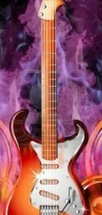 Experience the ultimate phone live wallpaper with this stunning digital illustration in funky art style! With a guitar perched on top of a pile of speakers and surrounded by a purple smoke cloud, this design is sure to grab everyone's attention