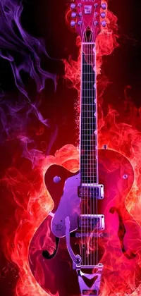 This dynamic phone live wallpaper showcases a powerful digital art design of a guitar engulfed in flames against a jet black background