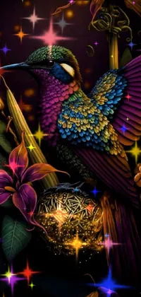 Get lost in the vibrant colors and intricate details of this phone live wallpaper featuring a beautiful hummingbird perched on a delicate bird nest