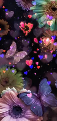 This live wallpaper showcases an exquisite photograph of vibrant flowers and colorful butterflies against a nighttime sky