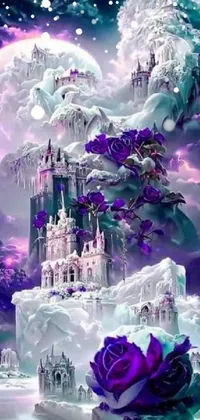 Transform your phone's background into a magical castle on top of a wintry hill adorned with beautiful flowers and glowing crystals to brighten your day