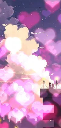 This live phone wallpaper features a stunning digital painting of a couple on a building, overlooking a picturesque purple sky