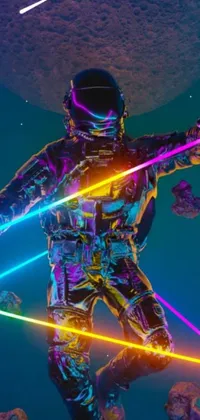 This live wallpaper boasts a stunning Sovietwave aesthetic featuring a space suit-clad figure wielding laser swords while holding a hula hoop