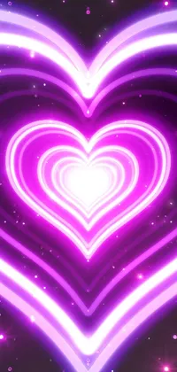This phone live wallpaper features a stunning digital art of a purple heart glowing on a black background, surrounded by enchanting pink hearts