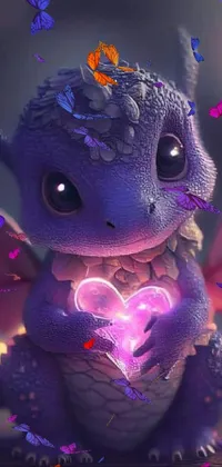 This gorgeous live wallpaper depicts a majestic purple dragon holding a heart surrounded by fluttering butterflies