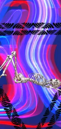 This live phone wallpaper features a skeleton lying on the ground with contorted limbs set against a colorful Max Ernst inspired surrealist background