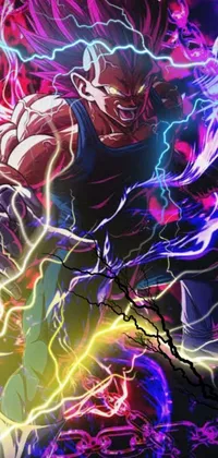 This phone live wallpaper depicts a muscled humanoid balrog demon charging up his ki against a warp lightning backdrop, with a dynamic effect that showcases a high-powered battle