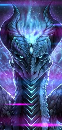 This phone live wallpaper portrays a dragon in close-up against a dark background, featuring a protoss-inspired symmetrical design with glowing blue runes