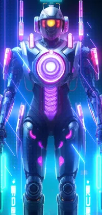 This live wallpaper features a cyberpunk inspired robot in pink streamlined armor, set against a nighttime cityscape