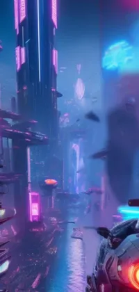 This phone live wallpaper features a futuristic city on Jupiter, complete with neon lights, cyberpunk garage, and afrofuturism vibes