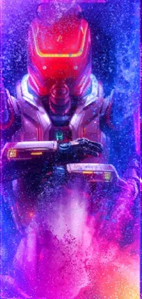 This phone live wallpaper features a striking close-up of an android holding a gun, rendered in a colorful and vibrant redshift style