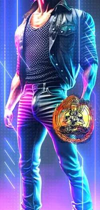This live wallpaper features a stylish man wearing a leather jacket and jeans, struck in a confident pose against a neon background