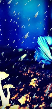 This live phone wallpaper depicts a blue butterfly sitting on a mushroom in unsplash style