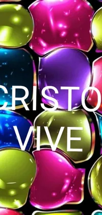 This phone live wallpaper boasts a colorful and vibrant background featuring the words "Cristoo Vive" in bold letters with a cast glass texture