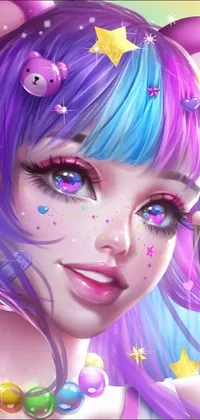This animated phone wallpaper features an exquisite close-up of a vibrant individual with multicolored hair