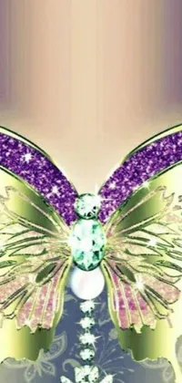 This phone live wallpaper showcases a digital rendering of a purple and gold butterfly, set against a green tiara and green jewelry