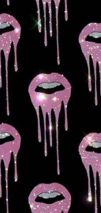 This live phone wallpaper boasts a striking pattern of pink lips dripping down a black background