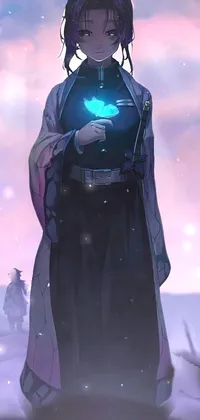 This phone live wallpaper depicts a cyberpunk scene, focusing on a woman holding a glowing ball amidst a futuristic city