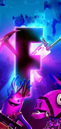 This funky wallpaper features a group of colorful cartoon characters standing together with a massive glowing neon axe in the center