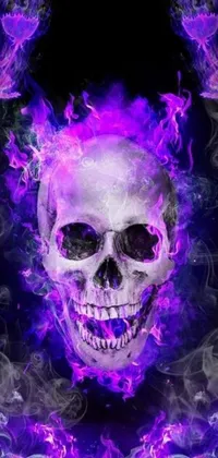 Enhance your phone with a captivating live wallpaper featuring a digitally created skull that exhales ethereal purple smoke