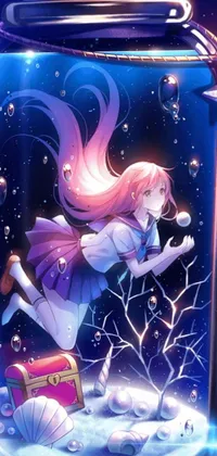 This phone live wallpaper features a magical pink squid girl flying in a jar, with long hair flowing beautifully in the air