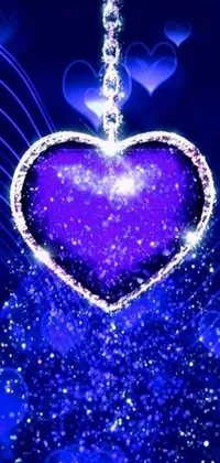This live wallpaper features a captivating digital creation of a purple heart hanging from a chain against a royal blue background