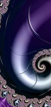 This phone live wallpaper features a mesmerizing close-up of a purple spiral design with silver fish swirling about, set against a nacre-colored background resembling liquid purple metal