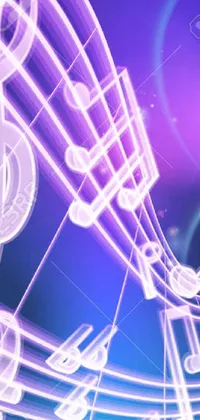 This phone live wallpaper features a digital art of musical notes on a blue background illuminated by neon purple lights