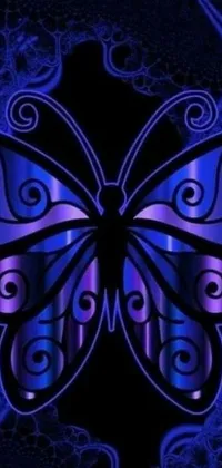 This live wallpaper showcasing a magnificent purple and blue butterfly against a black backdrop is a visual treat to behold