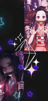 This phone live wallpaper depicts a girl with long hair holding a wand, rendered in a digital art style with an anime set aesthetic