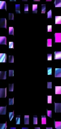This phone live wallpaper features a black background with an array of purple and blue squares, complemented by chrome cathedrals, motion graphics and abstract mirrors