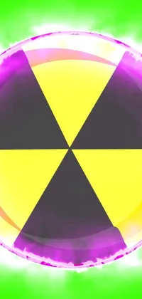 This live wallpaper features a striking yellow and black radiation symbol set against a vibrant green background
