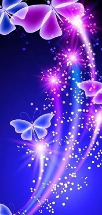 This live phone wallpaper boasts a stunning blend of blue and purple hues, adorned with charming fluttering butterflies