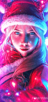 This live wallpaper features a cyberpunk-inspired woman dressed as Santa Claus