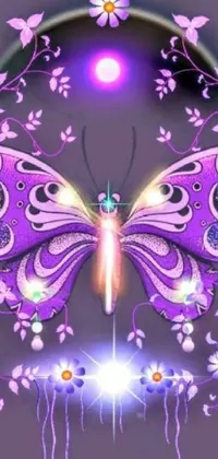 This live wallpaper for your phone showcases a vivid and lovely purple butterfly situated on a purple flower