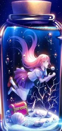 This phone live wallpaper features a striking design of a girl trapped in a glass jar surrounded by surreal elements