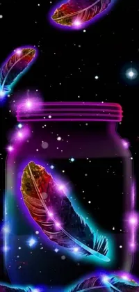 Get ready to be blown away by this stunning phone live wallpaper! It features an enchanting jar filled with a spectrum of colorful feathers, gently floating against a mesmerizing space art background