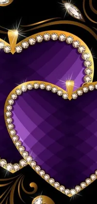 This digital art phone live wallpaper showcases two purple hearts with diamonds on a luxurious black background
