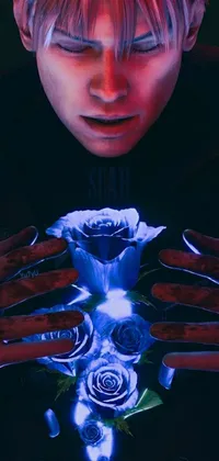 This captivating phone live wallpaper features a stunning close-up of a hand holding a beautiful blue rose against a dark cinematic backdrop
