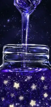 Enjoy a stunning phone live wallpaper with a beautifully-designed digital art image of a transparent jar pouring an alluring purple liquid that cascades down the screen