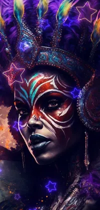 This phone live wallpaper boasts a breathtaking digital painting of a remarkable Aztec warrior goddess, bedecked in a lavish costume featuring impressive purple feathers