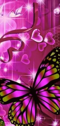 This stunning phone live wallpaper features a close up of a vibrant butterfly with detailed patterns on a purple background