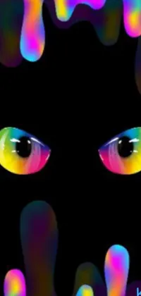 This live wallpaper showcases the stunning close-up of a black cat's glowing rainbow eyes