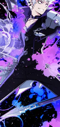 Bring an electrifying touch to your phone's screen with this live wallpaper featuring a man in a black suit splattered with purple and blue paint