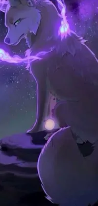 This captivating and enchanting phone live wallpaper features an exquisite anime drawing of a wolf resting peacefully atop a rocky outpost