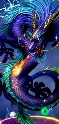 This electrifying live wallpaper depicts a fierce dragon unleashing bolts of lightning from its menacing jaws against a mesmerizing backdrop of vibrant purple and blue hues