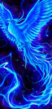 This phone live wallpaper features a stunning blue fire bird set against a black background