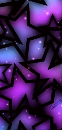 This phone live wallpaper features a digital art design of purple and blue stars against a black background